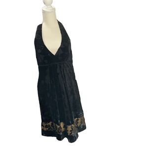 Lizzatti Black Jacquard Halter Dress Velvet Gold Hem Zip Back Lined Size 8 NWT